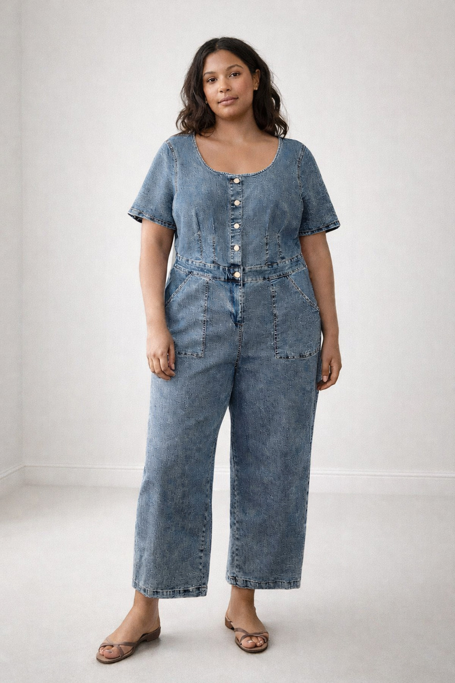 Ava & Viv Plus Size 20 Denim Jumpsuit Wide Leg Stretch Blue Jean Buttons Pockets